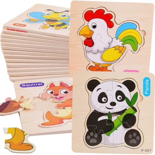 16 PCS Holzpuzzle für Kinder – Jungen und Mädchen 1, 2 und 3 Jahre, Ideal als Geburtstags- und Kindergarten-Geschenk, Montessori Lernspielzeug, Originelle Geschenke, Tier-Holzpuzzles (16 Puzzles)