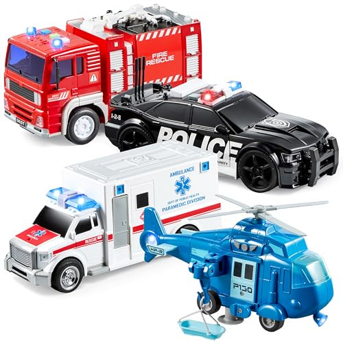 JOYIN 4er Pack Reibungsgetriebenes City Hero Spielzeug mit Feuerwehrauto, Krankenwagen, Polizeiauto und Hubschrauber-Einsatzfahrzeugen mit Licht und Ton, Geschenk für Kinder Jungen