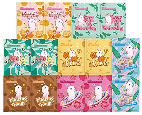 ZealSea Tuchmasken zur Gesichtspflege, 14er-Set, Spa-Geschenkset für Frauen | Großset für Tiefenfeuchtigkeit & Glow, sanft zu jedem Hauttyp, täglich Self-Care, Geschenk für Teenager-Mädchen & Geburtstage