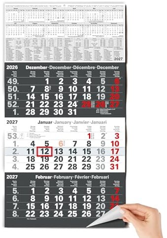 TOBJA 3 Monatskalender 2026 Wandkalender mit Schieber - "Anthrazit" | FSC-zertifiziert, mit Schulferien, Feiertagen & Jahresübersicht | Großformat 56x30 cm (gefalzt)