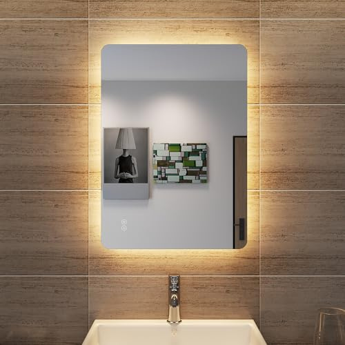 SONNI LED Badspiegel 50x70 cm mit Touch, 3 Lichtfarben, Anti-Beschlag | Dimmbar, Touch/Wandschalter, Memory, HD-Spiegel. IP44 mit staubdichter Rückwand. Horizontal/vertikal. Für Badrenovierung