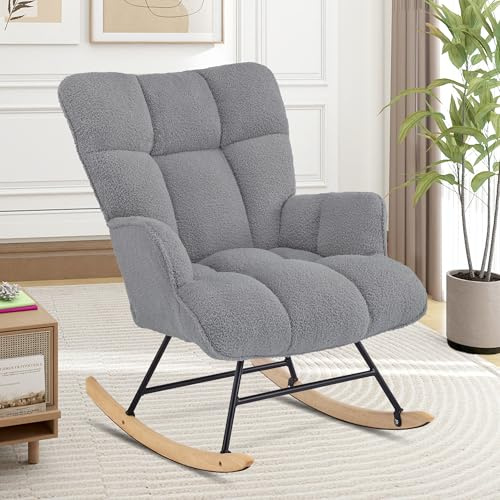 Aunekiv Schaukelstuhl, Stillsessel Schaukelsessel, Teddystoff Gepolsterter Schwingsessel Lesesessel Relaxstuhl Sessel mit Holzkufen, Armlehne, für Wohnzimmer, Schlafzimmer, Babyzimmer, Dunkelgrau