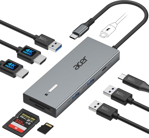 Acer USB C Docking Station Dual HDMI 4K@60Hz, 9IN1 mit 5Gbps Daten, 100W PD | Typ C Hub mit 3*USB-A+1*Typ-C 5Gbps, SD/TF Kartenleser, Multiport für 2 Monitoren Dell Chromebook MacBook Air/Pro Surface usw