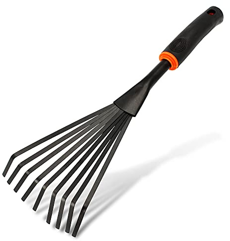 BRADAS® Kleinbesen Handrechen DE LUXE Hochwertigem Stahl 9 Zinken | Kleinfeger Breite 14 cm Fächerbesen Mit Rutschfester Ergonomischer Griff Grasrechen Kleinfächerbesen Drahthandbesen | Gartenwerkzeug