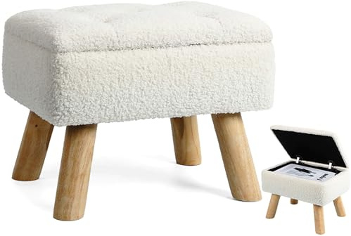 Sitzhocker Mit Stauraum, kleiner Fußhocker mit Stauraum, Fußstütze aus Bouclé-Teddy-Samt mit gepolstertem Sitz, Hocker mit stabilen Holzbeinen für Wohnzimmer, Schlafzimmer, Cremefarben (cremefarben)