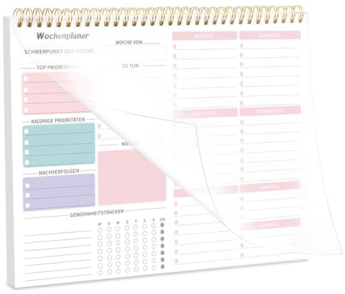 Wochenplaner Block, 28 x 22 cm Spiralgebundene To Do Liste Block 52 Blätter Undatierter Weekly Planner mit To Do Liste & Habit Tracker, To Do Planer für Studium Arbeit (Rosa)