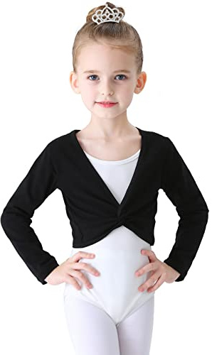 Soudittur Ballettjacke Mädchen Langarm Weichem Baumwollstoff Wärmende Ballettkleidung für Kinder (Schwarz, 125-135)