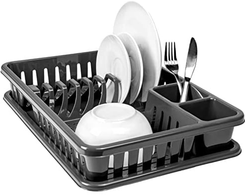 Hausfelder Geschirr Abtropfgestell für die Spüle, Abtropfkorb mit Abtropfschale aus Kunststoff BPA-frei, Geschirrabtropfgestell in Schwarz (SpaceBlack)