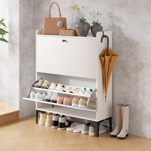Dripex 80cm Schuhschrank schmal, Schuhkipper mit 2 Flip-Schubladen,Schuhregal schmal mit Metallfüßen für den Eingang, Flur, Wohnzimmer oder Veranda, 80x24x100cm