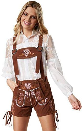 dressforfun Lederhose Damen, Lederhose Damen kurz, Trachten Hose Damen Outfit mit Träger in klassischer Trachtenlederhose Form, farbige Stickereien - Verschiedene Größen