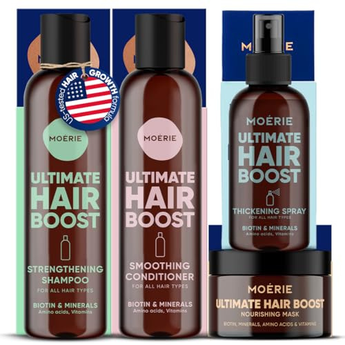 MOERIE Shampoo Set - gegen Haarausfall, Conditioner, Haarwachstum Serum & Haarmaske - natürlich Haarwachstum beschleunigen - Veganes Haarwuchsmittel Frauen & Männer - 77 Mineralien (4er-Set)