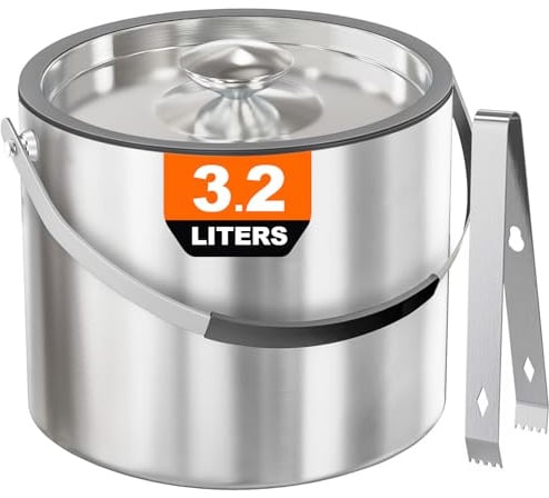 3,2 L Eiswürfelbehälter mit Deckel und Zange，Doppelwandig Isoliert Edelstahl Eiswürfelbehälter für Wein ，Premium Eiseimer für Eiswürfel, Eiskübel für die Eiswürfel Aufbewahrung
