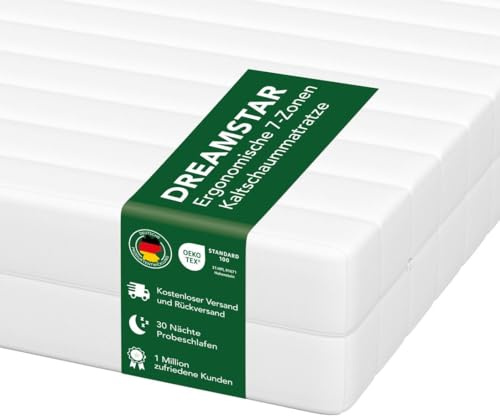 DREAMSTAR Simple Flex Duo Ergonomische 7-Zonen Kaltschaummatratze | 90 x 200 cm | H2 & H3 | 12cm | Weiß