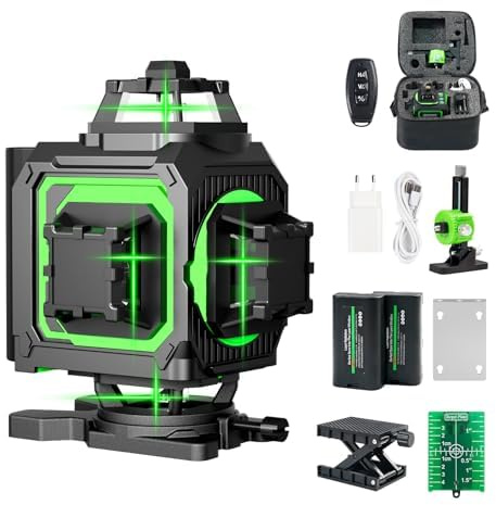 Kreuzlinienlaser Grün 16 Linien, 4 x 360 °Laser Wasserwaage, Laser Kreuzlinienlaser mit Fernbedienung für Bauarbeiten und Präzisionskalibrierung, mit 2x4000mAh Akkus, Einstellbare Helligkeit