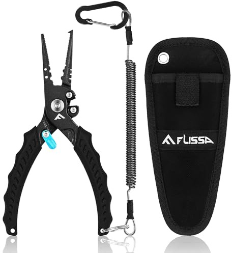FLISSA Multifunktionale Angelzange, Multi-Angelzange, mit Hakenlöser, Sicherheitsverriegelung, TPR-Griff, Edelstahlbacken, Sharfe Schneidklingen, mit Lanyard & Tragetasche, für Angeln