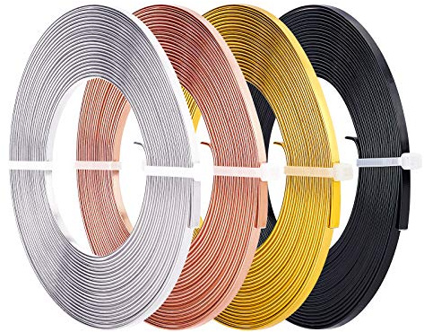 BENECREAT 20m 4 Farben Aluminium Flachdraht 3mm Breit Silber Gold Biegbarer Basteldraht Für Lünette, Schmuck Ohrring Ringherstellung (5m/Farbe)