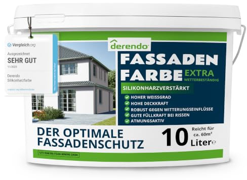 Derendo Fassadenfarbe Weiss EXTRA silikonharzverstärkt aussen 10l | Für Putz Beton, Abperleffekt, wasserabweisend, UV-beständig, hohe Deckkraft, rissfüllend, diffusionsoffen, Made in Germany