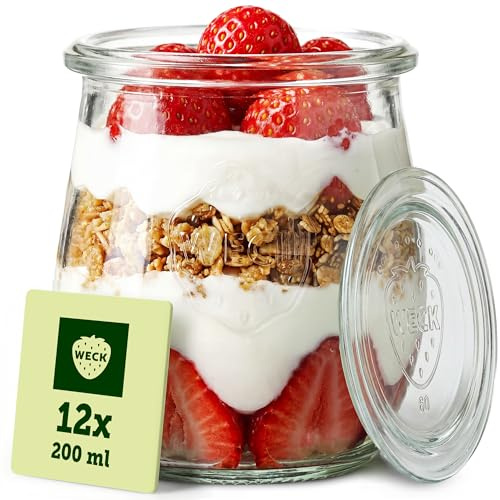 Weck Gläser 200ml – 12er Set mit Deckeln – Tulpenform – robuste, stapelbare Dessertgläser, Einkoch- & Einmachgläser – klein – Weckglas ideal für Nachtisch & Marmelade – Made in Germany