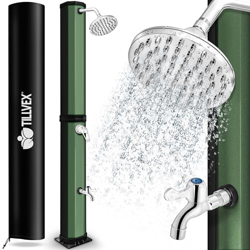 tillvex® Solardusche 60 Liter inkl. Abdeckung | Gartendusche warmes Wasser | Solar Dusche Außen, Garten, Pool & Camping ohne Strom | Pooldusche mit Regenduschkopf, Wasserhahn & Gartenschlauch-Anschluss