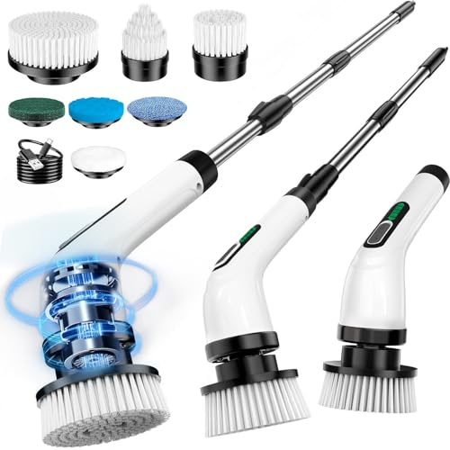 Elektrische Reinigungsbürste, FYDEE IPX7 Putzbürste Elektrisch mit 7 Bürstenköpfen & Verstellbarem Griff, Kabelloser Power Scrubber, Electric Cleaning Brush für Bad, Küche, Auto, Boden, Fußboden