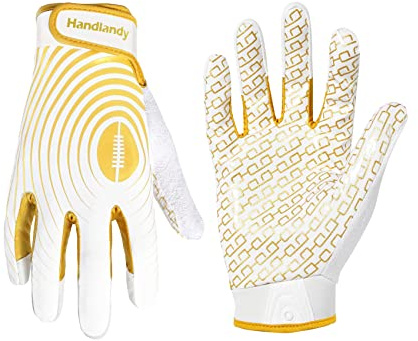 HANDLANDY American Football Handschuhe für Jugendliche, klebrige breite Empfängerhandschuhe für Kinder, Jungen, Mädchen, Stretch-Passform, Fußballhandschuhe (Weißgold, L)