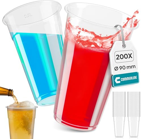 Commerline Plastikbecher 0,5 Liter, 200 Stück, Trinkbecher, Einwegbecher | Aus transparentem Polypropylen (PP), robust, lebensmittelecht, ideal als Partybecher, Wasserbecher, Ausschankbecher, 500 ml