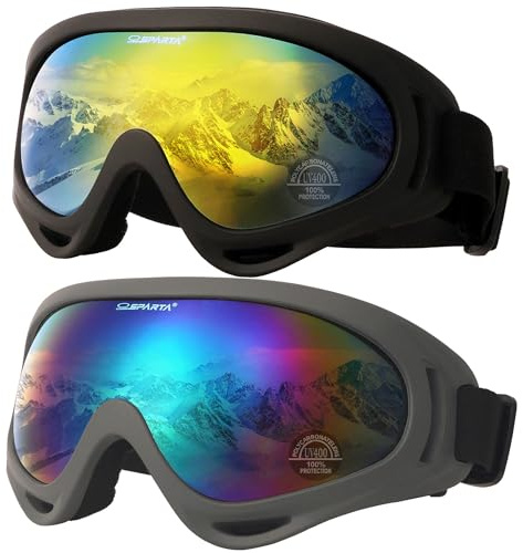 OUTDOORSPARTA 2-Packung Skibrille, Snowboard Brille für Männer, Frauen, Jugend, Kinder, Jungen oder Mädchen (2. Schwarzer Rahmen, Gespiegelte Goldlinse; Grauer Rahmen, Mehrfarbige Linse)
