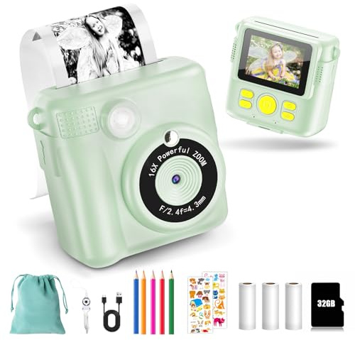 KinderKamera - Sofortbildkamera DigitalKamera Print 1080P - 16x Digitalzoom 2.4 Bildschirm - 32GB Karte - 3 Rollen Druckpapier - mit Aufbewahrungstasche Weihnachten Geschenk für Kinder 3-12 Jahren
