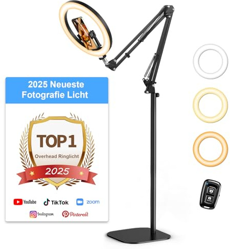 Upgrade Ringlicht Ringleuchte mit Stativ Overhead, Evershop 10” Handy Stativ mit LED Ringlicht Flexibel 70,8” Höhe& 360°Lichtring Ring Light mit Fernbedienung Blitzgeräte für Tiktok YouTube,CRI>95