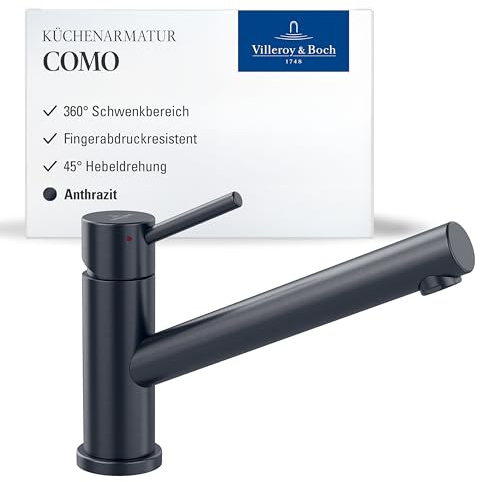 Villeroy & Boch Como Küchenarmatur, Auslaufhöhe 135 mm – Anthrazit | Hochdruck, Keramikkartusche, 360° Schwenkbereich, komfortabler Bedienhebel, 92510005