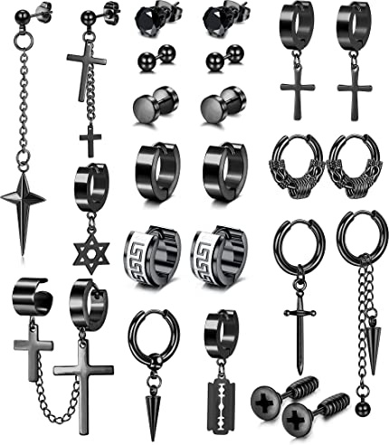 Adramata 12 Paare Ohrringe - Herren & Damen Set: Chirurgenstahl Kreuz & Punk Ohrringe Hängend, Creolen & Ohrstecker in Silber & Schwarz