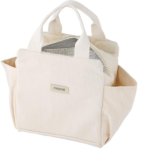 Goldeluxe Kühltasche 12L, Lunchtasche Klein Isoliertasche Aus Cord Mit Aluminiumfolie Innen, Wasserdicht Schmutzabweisend Pflegeleicht Mit Seitentaschen, Für Arbeit Schule Picknick Reisen, Beige