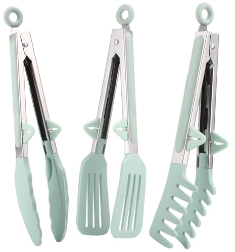 LEAZZLE 3 Stück 26 cm Edelstahl Zange Küche mit Silikonspitzen, Küchenzange Silikon, Nudelzange, Grillzange Silikon, Kochzange, Fleischzange, Salatzange, Servierzange für Grillen, Salat, Kochen (Grün)