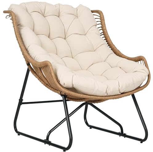 Outsunny Rattansessel mit Dicke Kissen Bänder Stahlrahmen, gepolsterter Outdoor Sessel aus Polyrattan, Korbsessel bis 120kg, Gartensessel Gartenstühle für Garten Balkon Veranda Terrasse Khaki