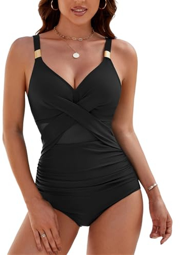 Svanco Badeanzug Damen Bauchweg Shaping Bademode Wickeloptik V Ausschnitt Cut Out Sexy Mesh Badeanzüge mit Cups