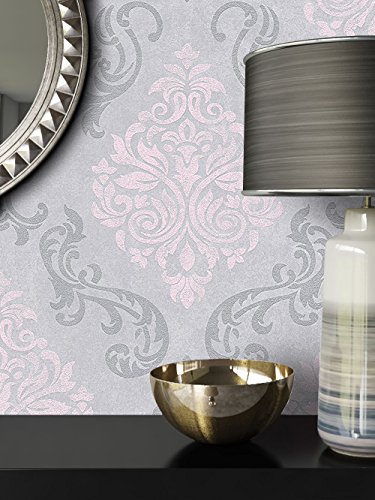 NEWROOM Barocktapete Tapete Grau Ornament Barock Vliestapete Rosa Vlies moderne Design Optik Barocktapete Wohnzimmer Glamour inkl. Tapezier Ratgeber