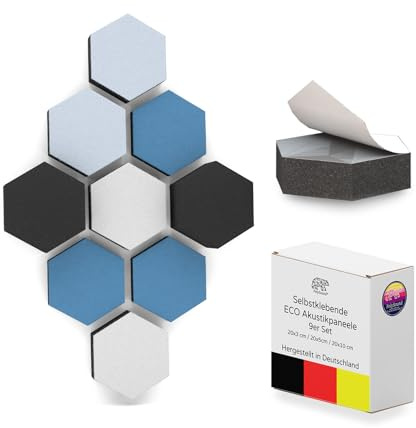 PolySound ECO Akustikpaneele - selbstklebendes 3D-Hexagon-Design - Schallschutz für Büro, Gaming & Wohnen - wiederverwendbar & rückstandslos entfernbar - 9er Set (3-10 cm) - Breezy Blue