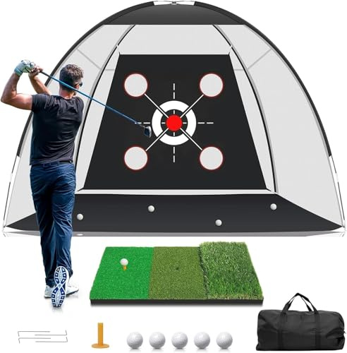 3X2.1M 10x7FT Golf-Übungsnetz mit Matte - Komplettes Schlag- und Chipping-Trainings-Set für den Innen- und Außenbereich, einschließlich Zielmatte und Bälle für Männer, Väter und Golfliebhaber