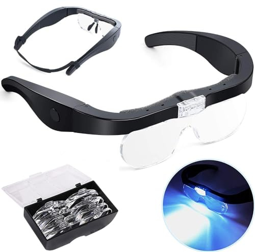 Lupe mit Licht USB, Kopf Lupenbrille für Brillenträger, Lupenglas 1.5X, 2.5X, 3.5X, 5X Fach Vergrößerung, Kopflupe Leselupe mit Led Beleuchtung Leselupen Set für Lesen Hobbys Handwerk Brillenlupe