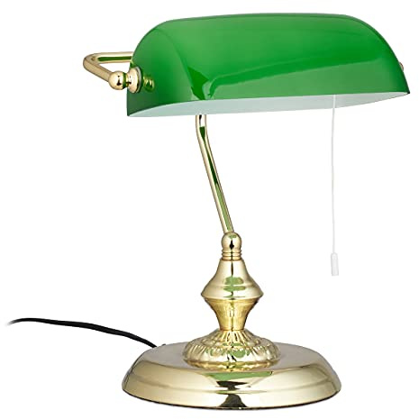 Relaxdays Bankerlampe mit Zugschalter, grüner Schirm, Messing | runder Sockel, Vintage Design, Glas, HBT: 31x22,5x18,5cm
