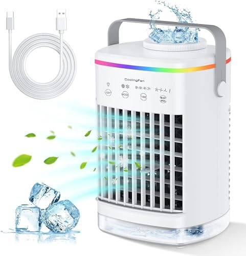 Mobile Klimaanlage, Tragbare Klimaanlage 3-in-1, 700ml Mini Klimaanlage mit 4 Geschwindigkeiten & 3 Nebelmodi, 2/4/6/8 H Timer Klimagerät, 7 Farben Nacht-LED Mini Luftkühler für Hause, Büro, Zimmer