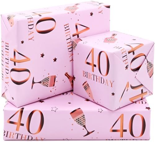 Geschenkpapierbögen zum 40. Geburtstag, 50 x 70 cm, Roségold und Rosa, Happy Birthday, Geschenkpapier für Frauen und Damen (5 Blatt)