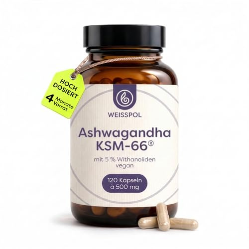 Ashwagandha KSM-66® – 120 Ashwagandha Kapseln hochdosiert – 500 mg/Kapsel mit 5% Withanoliden – Vegan & Laborgeprüft, Deutsche Produktion – WEISSPOL®