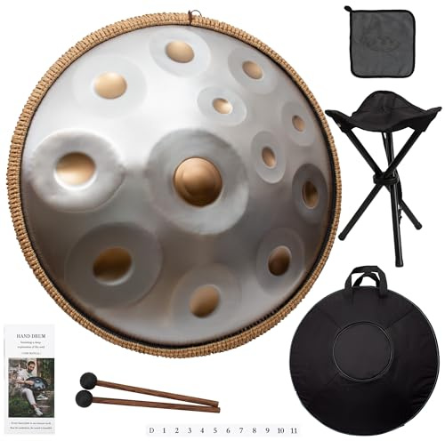 LOMUTY Handpan Drum, 12 Töne D-Moll 440HZ 22 Zoll Steeldrum, Silber | Hand Pan Instrument D Kurd, Steel Drum für Meditation und Yoga, Handtrommel für Erwachsene mit Tragtasche und Ständer
