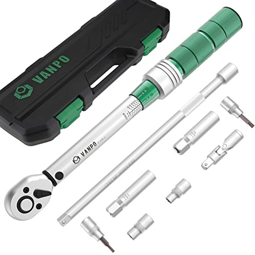 VANPO Drehmomentschlüssel 3/8, 5-60Nm Fahrrad & Motorrad Torque Wrench Set | ±3% Fehlergenauigkeit Zündkerzenschlüssel, Verlängerungsstange, Universalgelenk, Magnetische Zündkerzenhülse, Bits, Socket