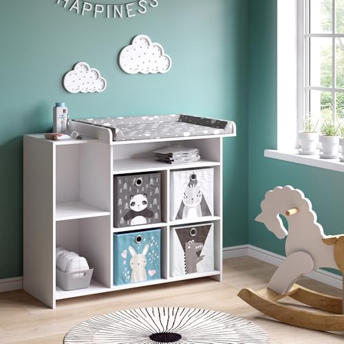 Vicco Wickelkommode Oskar, Weiß, 113 x 100 cm | mit offenen Regalen, umbaubar zur Kommode ohne Wickelaufsatz für längere Nutzung