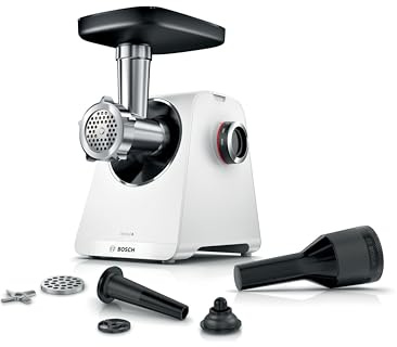 Bosch MultiPower Serie 6 Fleischwolf MFWS607W, 2 Lochscheiben (4,5 und 8 mm), Edelstahl, spülmaschinenfest, Kebbe- und Wurst-Aufsatz, Motorblockleistung 2.100 W, Weiß