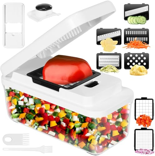 Vihoom Gemüseschneider, Mandoline Gemüsehobel, Gurkenhobel Zwiebelschneider, 12 in 1 Multifunktionaler Gemüse Zerkleinerer, Reibe für Gemüse mit 7 Austauschbare Klingen für Karotte, Kartoffel, Gurke