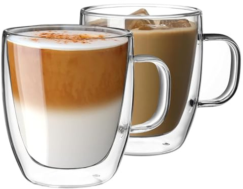 CMXING Doppelwandige Latte Macchiato Gläser Set 2er Set 350ML Kaffeeglas Teegläser mit Henkel Borosilikatglas Kaffeetassen Glas für Cappuccino,Tee,Sodawasser,Milch,kaltes Getränk