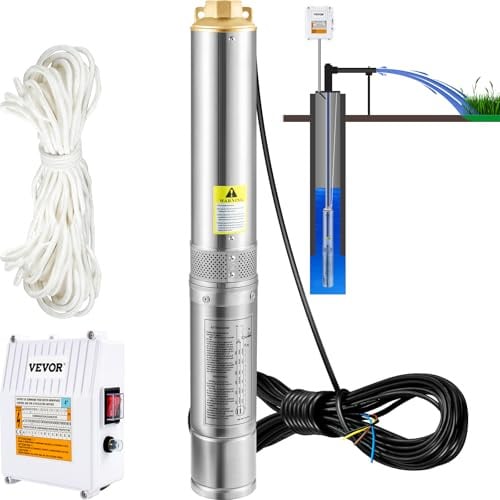 VEVOR 4'' Tiefbrunnenpumpe 370W Brunnenpumpe 110L/min Tauchpumpe max. Förderhöhe 44m Rohrpumpe 230V 50Hz Edelstahl Wasserpumpe 040℃ Pumpe Ideal zum Bewässern WasserVersorgen Entwässern, Silber